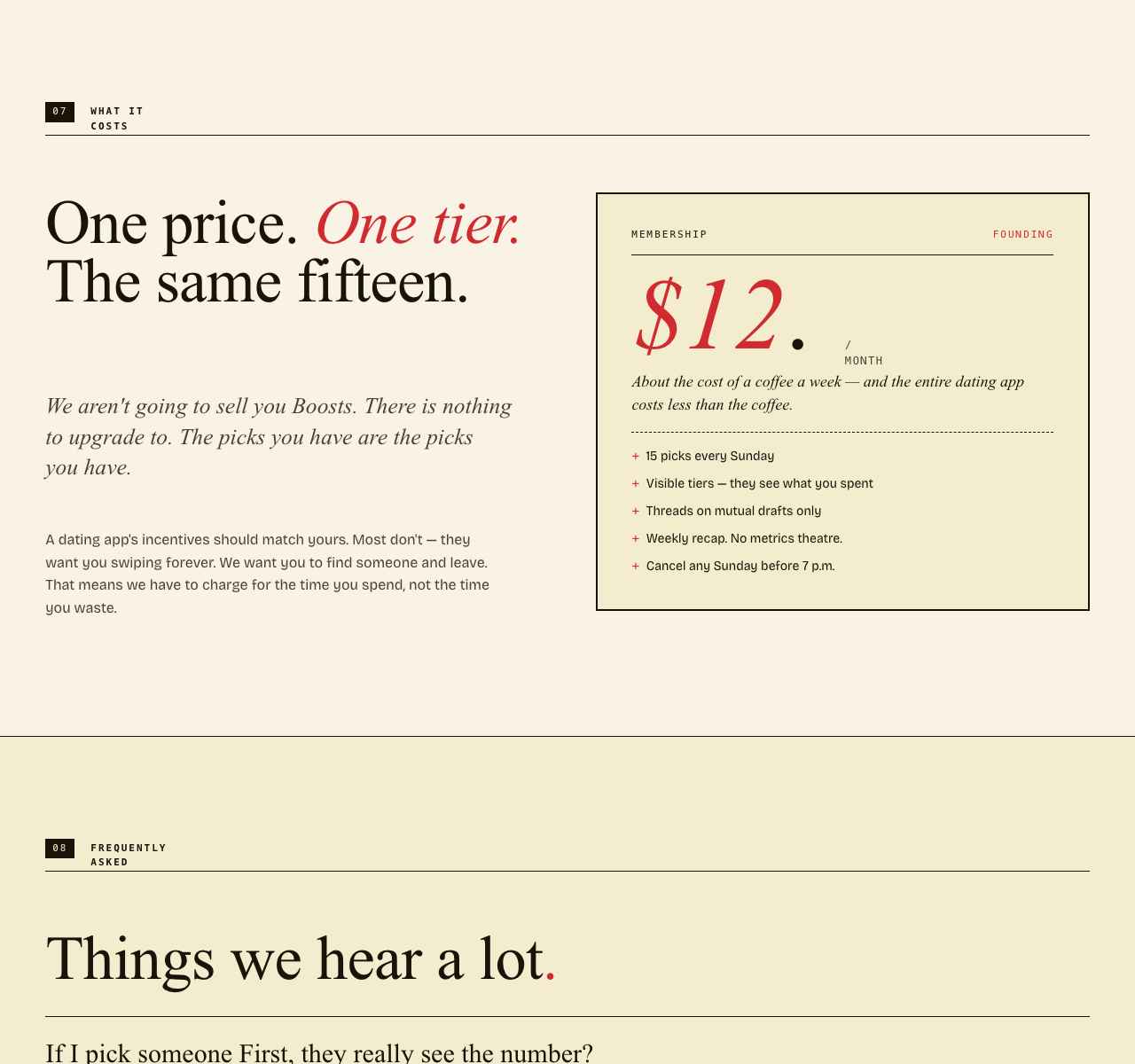 What it costs — $12 a month, one tier, founding edition