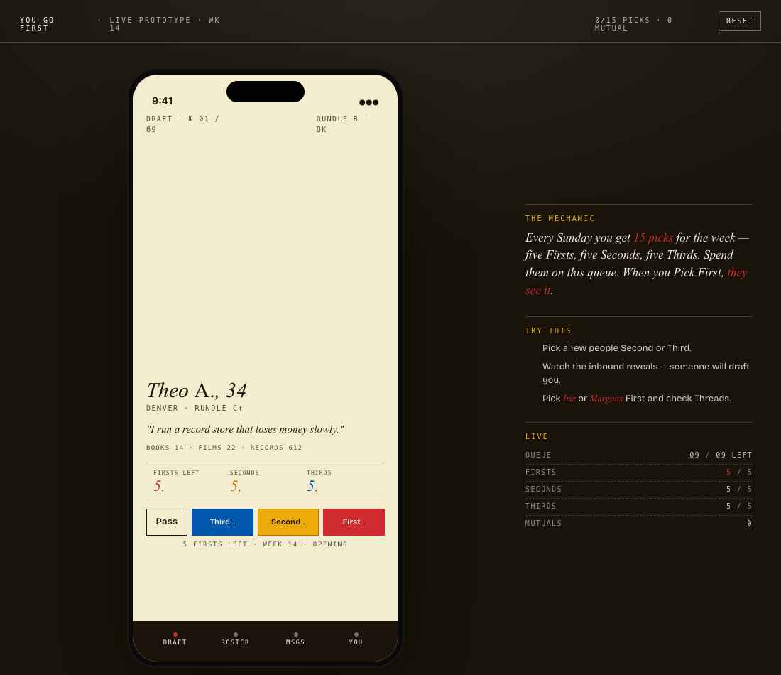 The live prototype — discover view, picking Theo A., 34